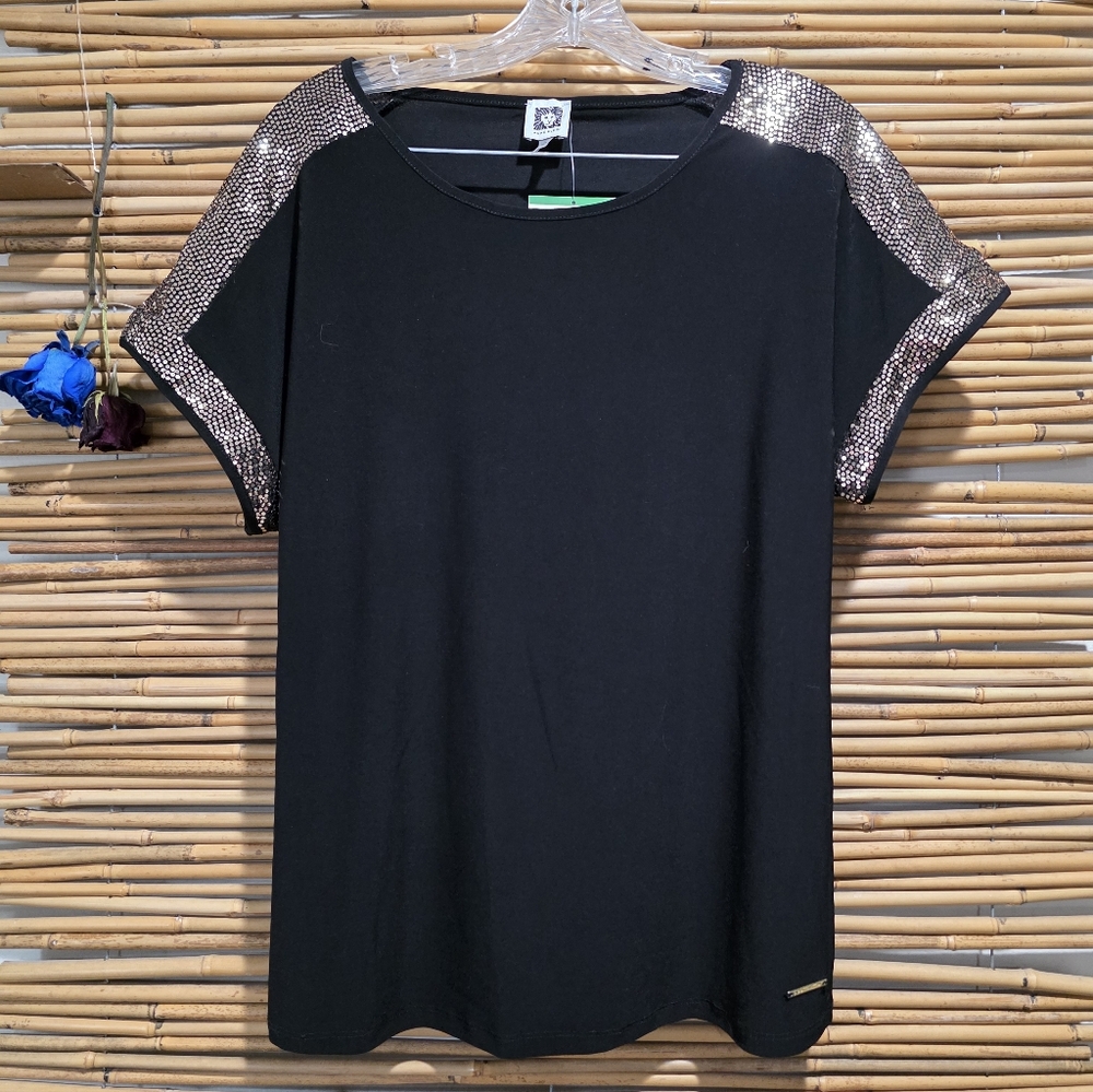 Anne Klein Black Blouse with Gold Sequin Accents